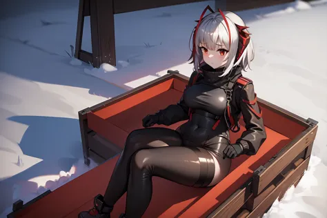 1girl, w_arknights, black bodysuit with red parts, mature, sitting on crates, snowy plains, campfire