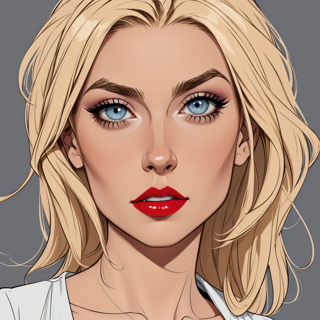 Flat colors, close-up, portrait, of a 40-year-old, sexy plumb looking girl, perfect makeup, red lipstick, perfect olive skin, ([blue eyes]) Long blondie hair, natural eyebrows natural beaty, beautiful, blouse, masterpiece, (([Simple grey background]))