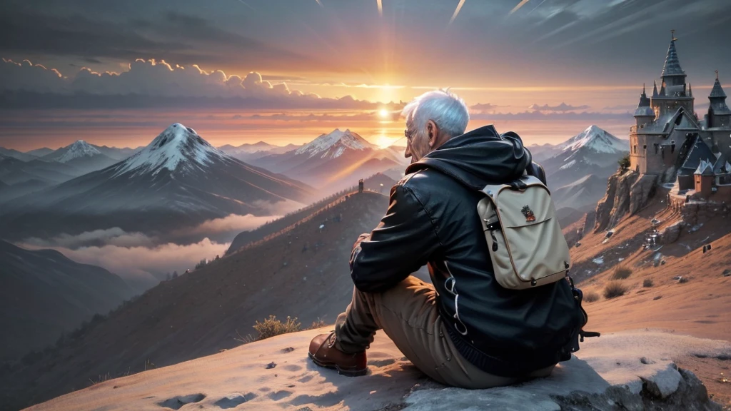 A wise old man of 60 years, facing away from the camera, sitting on a hill, looking at the horizon waiting for the miracle with many mountains a bright sunset cinematic hyperrealistic image high quality.