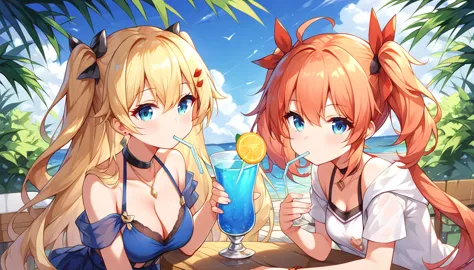 ((2girls:1.3)), ((moe style:1.3)), laffey_(azur_lane), javelin_(azur_lane), ((casual wear:1.3)), ((drinking:1.3)), ((perfect fac...