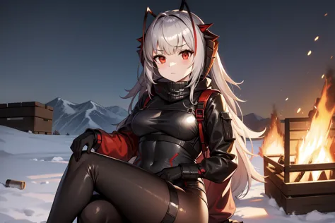 1girl, w_arknights, black bodysuit with red parts, mature, adult, sitting on crates, snowy plains, campfire