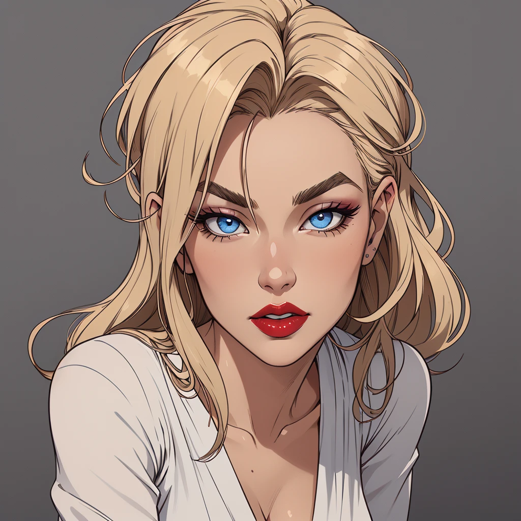 Flat colors, close-up, portrait, of a 40-year-old, sexy plumb looking girl, perfect makeup, red lipstick, perfect olive skin, ([blue eyes]) Long blondie hair, natural eyebrows natural beaty, beautiful, blouse, masterpiece, (([Simple grey background]))