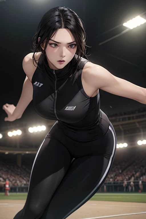 Young female athlete racing on the road, Long flowing black hair, Sleek and aerodynamic running wear, intense expression, Several female athletes compete in a heated race, Dynamic Motion Blur, A low-angle view that emphasizes long legs and powerful strides, Cinema Lighting, Vibrant colors, (Highest quality,4K,8K,High resolution,masterpiece:1.2),Super detailed,(Realistic,photoRealistic,photo-Realistic:1.37),Very detailed顔と目,Beautiful lip detail,Very detailed, hyper Realistic, Professional photography, Cinema Lighting, Dynamic action scenes, Wonderful landscape