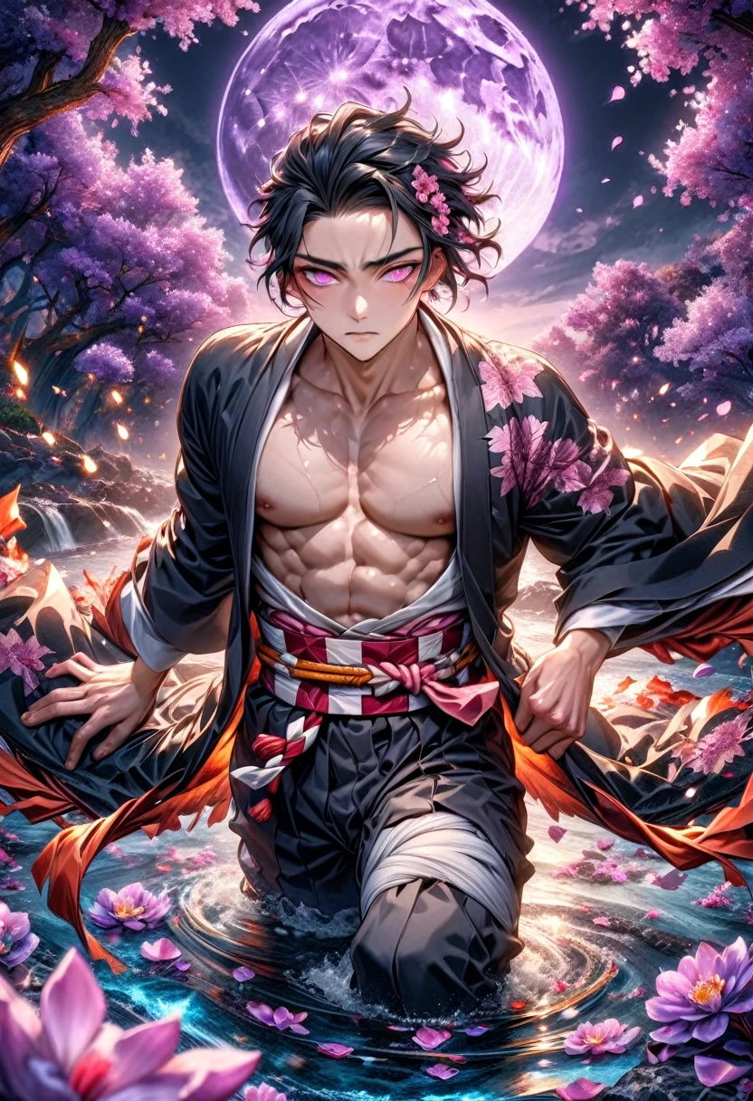 absurdres, highres, ultra detailed, HDR, master piece, best quality, Kamado Nezuko, black hair, short hair, expressive pink eyes, Kimetsu No yaiba, solo, sexy man, handsome, toned chest, black haori, fantasy, shining, purple flowers, purple blossoms, water, purple petals, purple moon