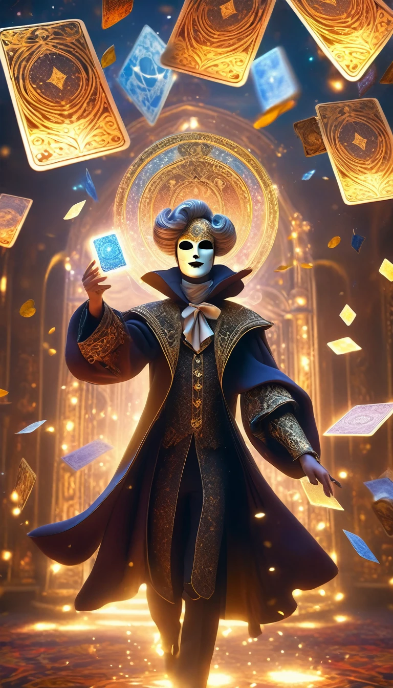 Mago con máscara, Cartas del tarot flotando en el aire., Escena de fantasía misteriosa, efectos mágicos detallados, luces etéreas, drama, , dramatic Lighting, textura rica, Chiaroscuro, detalles intrincados, Surrealism, alta definición, 8K, realidad, obra maestra, Arte digital galardonado