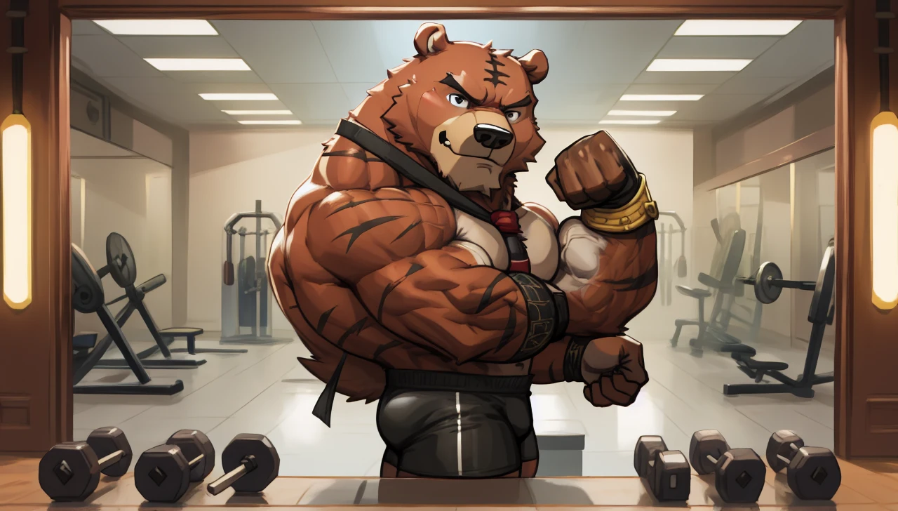 Riesiger muskulöser dicker Bär-Bodybuilder ohne Hemd in schwarzen Turnhosen und Armbändern, der seine Muskeln spannt und vor dem Spiegel posiert und seine aufgepumpten Muskeln betrachtet.
