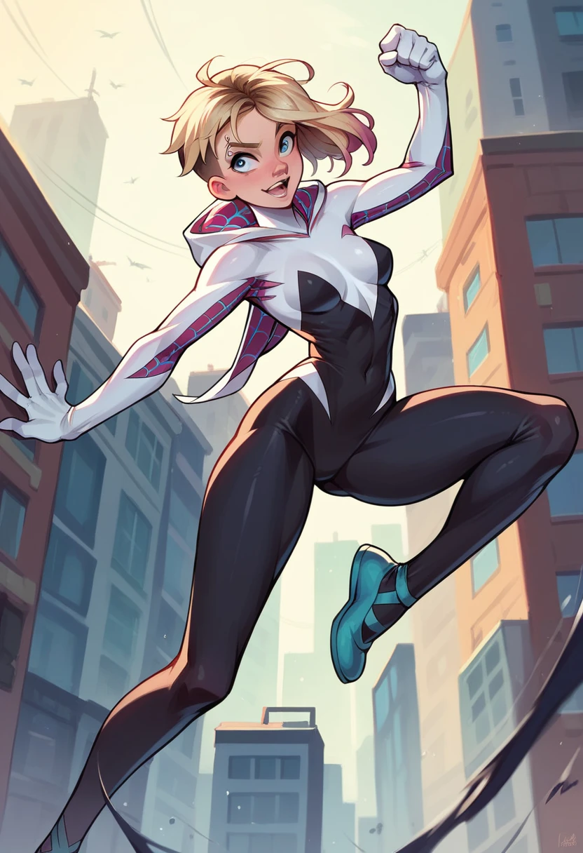 Spider Gwen naked swinging through the city - SeaArt AI