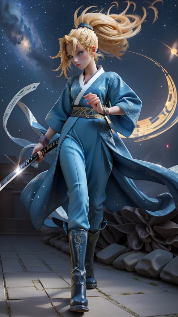 1 girl, ultra long hair, ultra detailed face, glowing lips, glowing blue eyes, very long ponytail, elegant walk, catwalk, holding down a  giant katana, blonde, long eyelashes, long boots , looking to the sky, starry sky, a ultra giant katana 