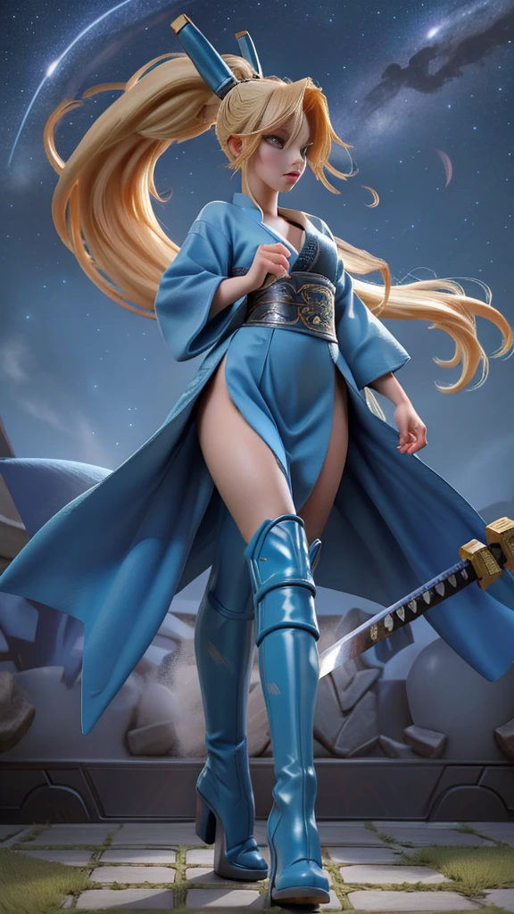 1 girl, ultra long hair, ultra detailed face, glowing lips, glowing blue eyes, very long ponytail, elegant walk, catwalk, holding down a  giant katana, blonde, long eyelashes, long boots , looking to the sky, starry sky, a ultra giant katana 