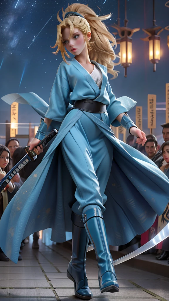 1 girl, ultra long hair, ultra detailed face, glowing lips, glowing blue eyes, very long ponytail, elegant walk, catwalk, holding down a  giant katana, blonde, long eyelashes, long boots , looking to the sky, starry sky, a ultra giant katana 