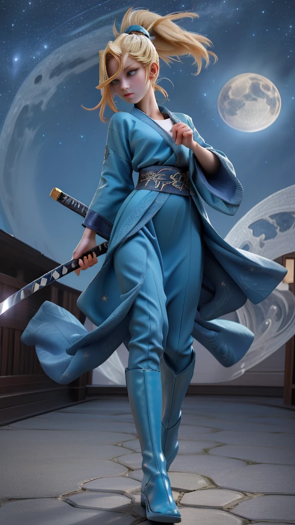 1 girl, ultra long hair, ultra detailed face, glowing lips, glowing blue eyes, very long ponytail, elegant walk, catwalk, holding down a  giant katana, blonde, long eyelashes, long boots , looking to the sky, starry sky, a ultra giant katana 