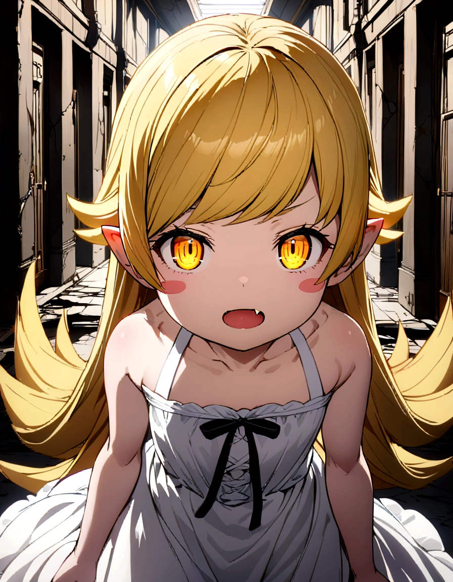 high-detailed, Glowing red eyes, dark hallway, abandoned hallway, oshino shinobu,long hair, blonde hair,yellow eyes, pointy ears, dress, white dress,blush stickers, bare shoulders, fang,