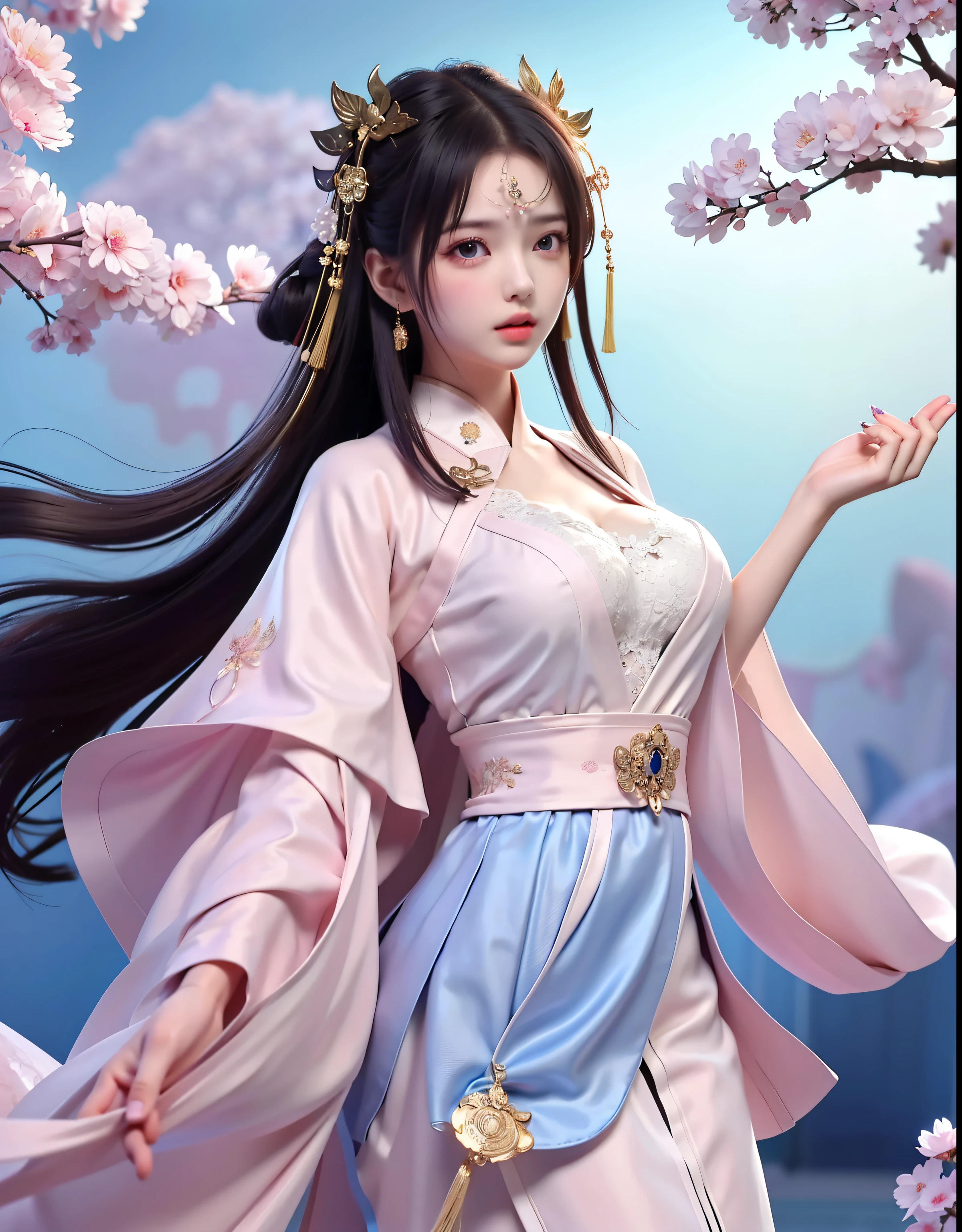 (8k, RAW photo:1.2), best quality, ultra high res,dramatic angle,(fluttered detailed color splashs), (illustration),(((1 girl))),(long hair),(rain:0.9), (Headdress:1.4),There is an ancient palace beside the girl,Hanfu,(Key Points),Color ink painting,(Splash of Color),Splash of Color,(((colorful))),(sketch:0.8) , Masterpiece, best quality, beautiful painted, highly detailed,(denoising:0.6),[splash ink],((ink refraction)), (beautiful detailed sky),moon,highly,detaild,(masterpiece, best quality, extremely detailed） CG Unity 8k Wallpaper，masterpiece，best quality，Ultra Detailed），（Lycoris）. hanfu   open V-chested clothes Thin silk lace dress short skirt , (huge ，cleavage),, white pink, blue ，best qualtiy，tmasterpiece，Ultra-high resolution，（Reality：1.4），RAW photogr，（True skin texture：1.3），（filmgrain：1.3），（Selfie angle），1个Giant Breast Girl，Beautiful eye and face details，tmasterpiece，Best quality at best，，The chest more exposed， detailed hair, bra pink , detail 8k, full body, lace petticoat, fan handle