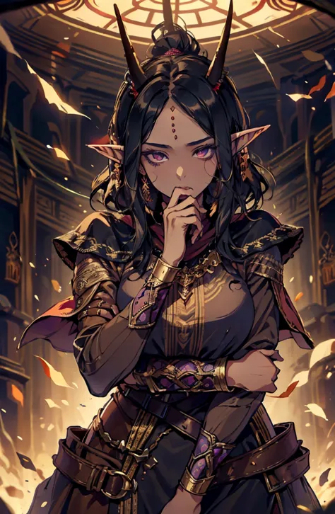 brown skin, older woman, sexy, tall, brown skin, bored, one wing, black hair, elf, elf ears, horns, dark clothing, purple clothi...