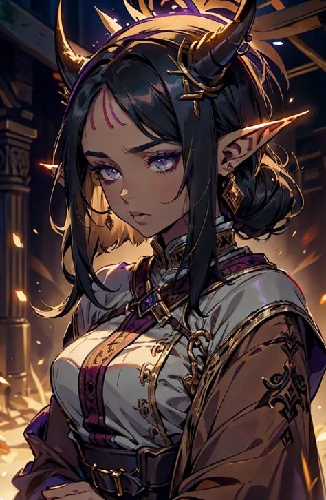 brown skin, older woman, sexy, tall, brown skin, bored, one wing, black hair, elf, elf ears, horns, dark clothing, purple clothi...