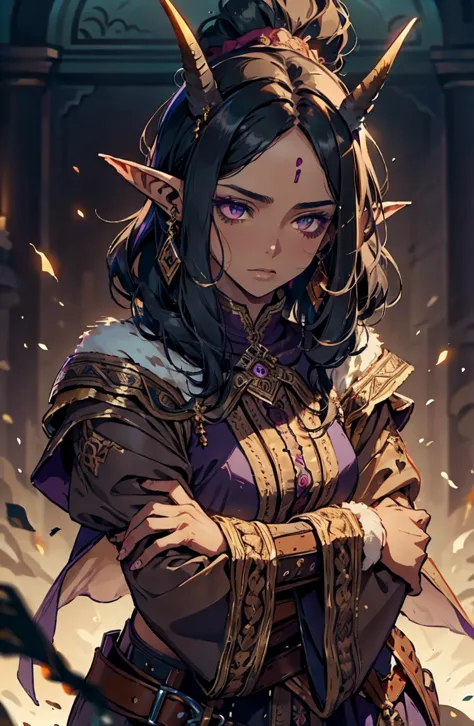 brown skin, older woman, sexy, tall, brown skin, bored, one wing, black hair, elf, elf ears, horns, dark clothing, purple clothi...