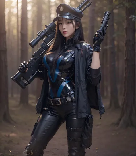 Very beautiful woman, South Korean characteristics, very long black hair, wears a dark blue military cap, tight closed military ...
