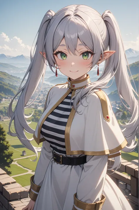 One girl, Freezing, Beautiful smile, Green Eyes, Gray Hair, Long Hair, Twin tails, Earrings, White capelet, Striped shirt, Long ...