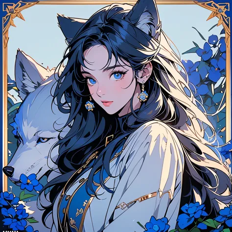 1 wolf, (((logo))), background white only, (((emblem))), 32k, ultra detailed, frame, blue, (((1 woman and wolf))), sparkling eye...