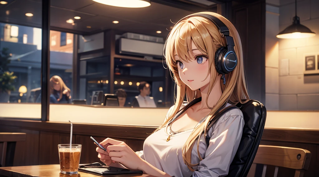 Girl with headphones enjoying music in a cafe　I am studying　Emphasize a little bit of the chest