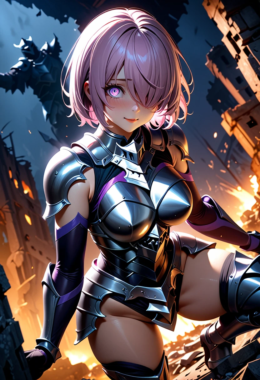 (masterpiece, top quality, best quality, beautiful and aesthetic:1.2), full body, extremely detailed, detailed face and eyes, cinematic light, depth of field, 1girl, seducing smile, solo, official, (armored knight:1.4), dark armor, mash kyrielight, light purple hair, short hair, hair over one eye, slim body, cinematic lighting, dramatic lighting, dramatic atmosphere, hyper-realistic, high resolution, stunning contrast, high quality, best quality, 8k, 4k, intricately detailed, (amazing details:1.2), highly detailed skin, powerful presence, vibrant colors, (detailed eyes:1.2), striking eyes, (detailed background), (warzone on background, night, ruins), (dynamic angle:1.2), (dynamic pose:1.2)