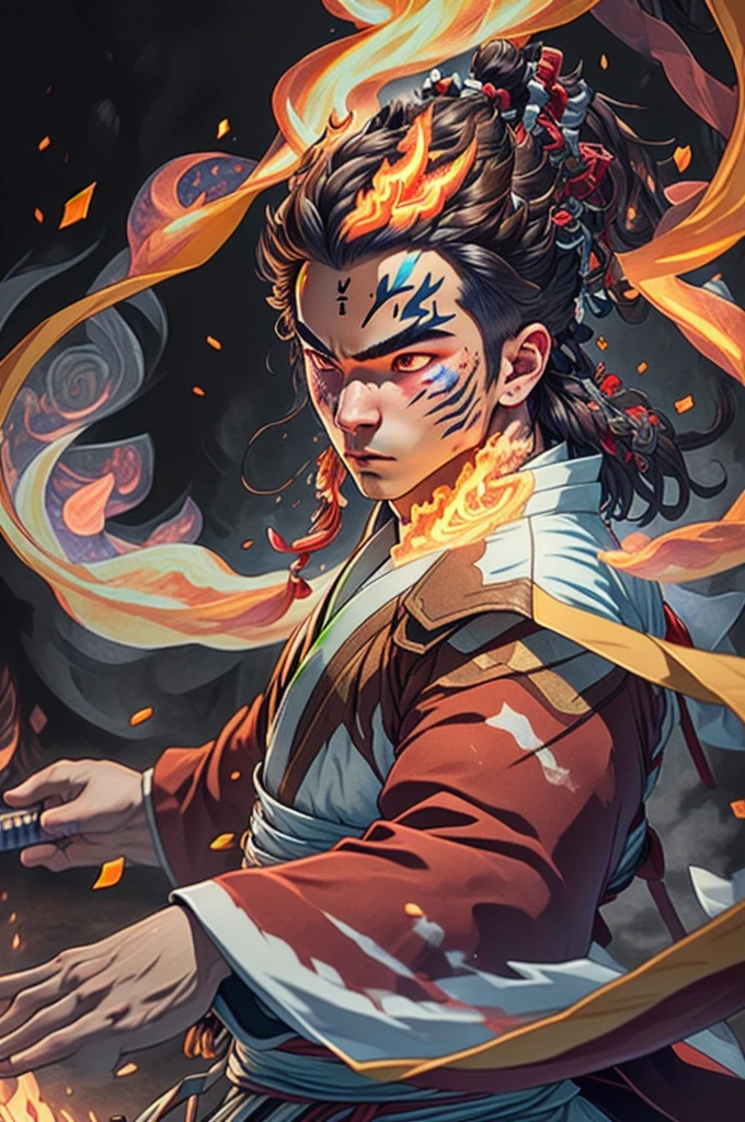 ((best quality)), ((artwork)), (detailded), (8k resolution), adult man, experienced swordsman, Large katana rich in details, red marks on the face, Red neon aura, flames in the background, white  kimono, Hair a little dark, , color scheme, pensive stillness, background with flames, Intricate details, photographic realism, fully body.