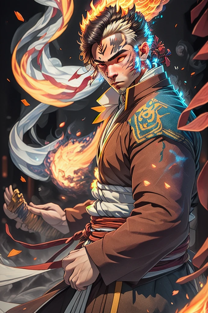 ((best quality)), ((artwork)), (detailded), (8k resolution), adult man, experienced swordsman, Large katana rich in details, red marks on the face, Red neon aura, flames in the background, white  kimono, Hair a little dark, , color scheme, pensive stillness, background with flames, Intricate details, photographic realism, fully body.