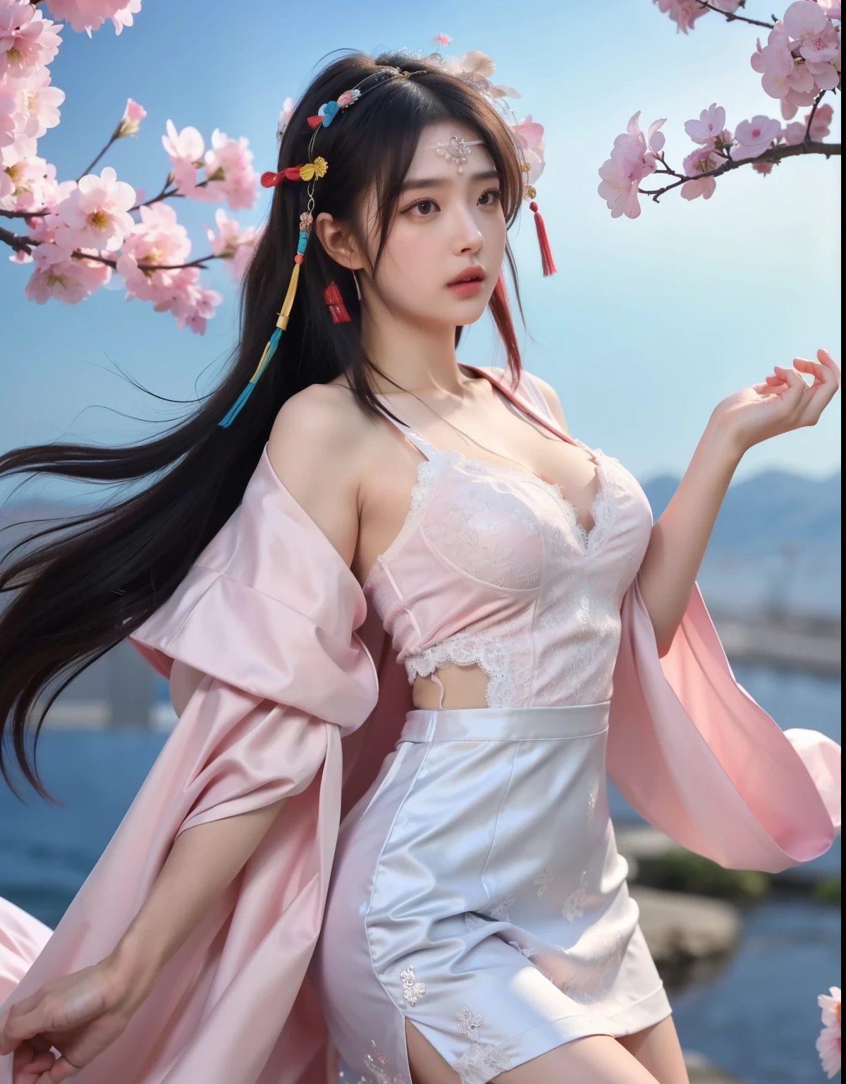 (8k, RAW photo:1.2), best quality, ultra high res,dramatic angle,(fluttered detailed color splashs), (illustration),(((1 girl))),(long hair),(rain:0.9), (Headdress:1.4),There is an ancient palace beside the girl,Hanfu,(Key Points),Color ink painting,(Splash of Color),Splash of Color,(((colorful))),(sketch:0.8) , Masterpiece, best quality, beautiful painted, highly detailed,(denoising:0.6),[splash ink],((ink refraction)), (beautiful detailed sky),moon,highly,detaild,(masterpiece, best quality, extremely detailed） CG Unity 8k Wallpaper，masterpiece，best quality，Ultra Detailed），（Lycoris）. hanfu   open V-chested clothes Thin silk lace dress short skirt , (huge ，cleavage),, white pink, blue ，best qualtiy，tmasterpiece，Ultra-high resolution，（Reality：1.4），RAW photogr，（True skin texture：1.3），（filmgrain：1.3），（Selfie angle），1个Giant Breast Girl，Beautiful eye and face details，tmasterpiece，Best quality at best，，The chest more exposed， detailed hair, bra pink , detail 8k, full body, lace petticoat, fan handle