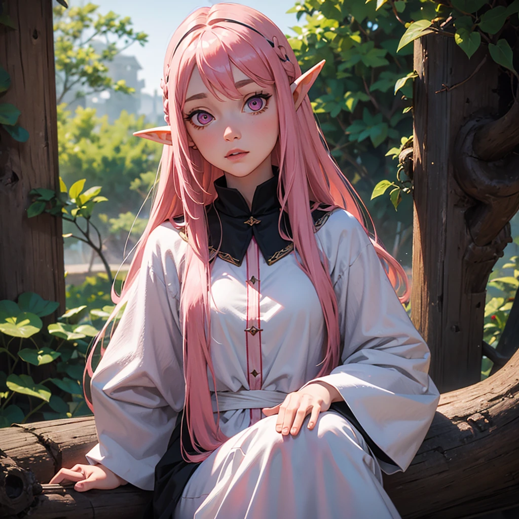 female elf, , long straight pink hair, white medieval clothing , Eyes red, black cloack, alone