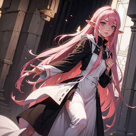 female elf, , long straight pink hair, white medieval clothing , eyes red, black cloack, alone