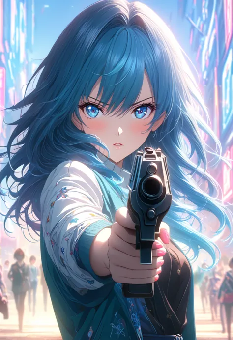 anime girl with a gun in her hand and blue hair., anime rudo 8k, best anime wallpaper 4k konachan, 4k anime style, 4k anime wall...