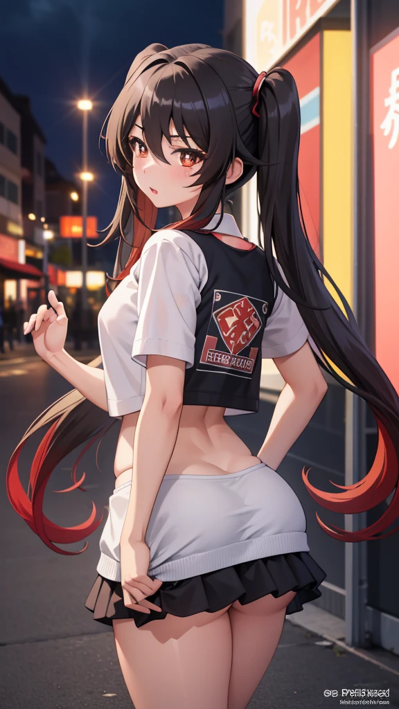 masterpiece, best quality, HuTaoV4, 1girl, solo, blush, twintails, long hair, hair between eyes, ((streetwear clothes)), city, outdoors, night, movie poster, extremely detailed 8K, smooth, high resolution, ultra quality, cinematic lighting, ambient occlusion, hd, 2k, 4k, 8k, 16k, extremely detailed anime, detailed faces, perfect composition, wide shot, atmospheric lighting, very sexy, lift skirt, random low back angle, uncensored, nsfw, sin censura