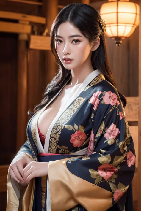 big breasted japanese woman in elaborate kimono, ornate shrine, cinematic atmosphere, (best quality,4k,8k,highres,masterpiece:1....