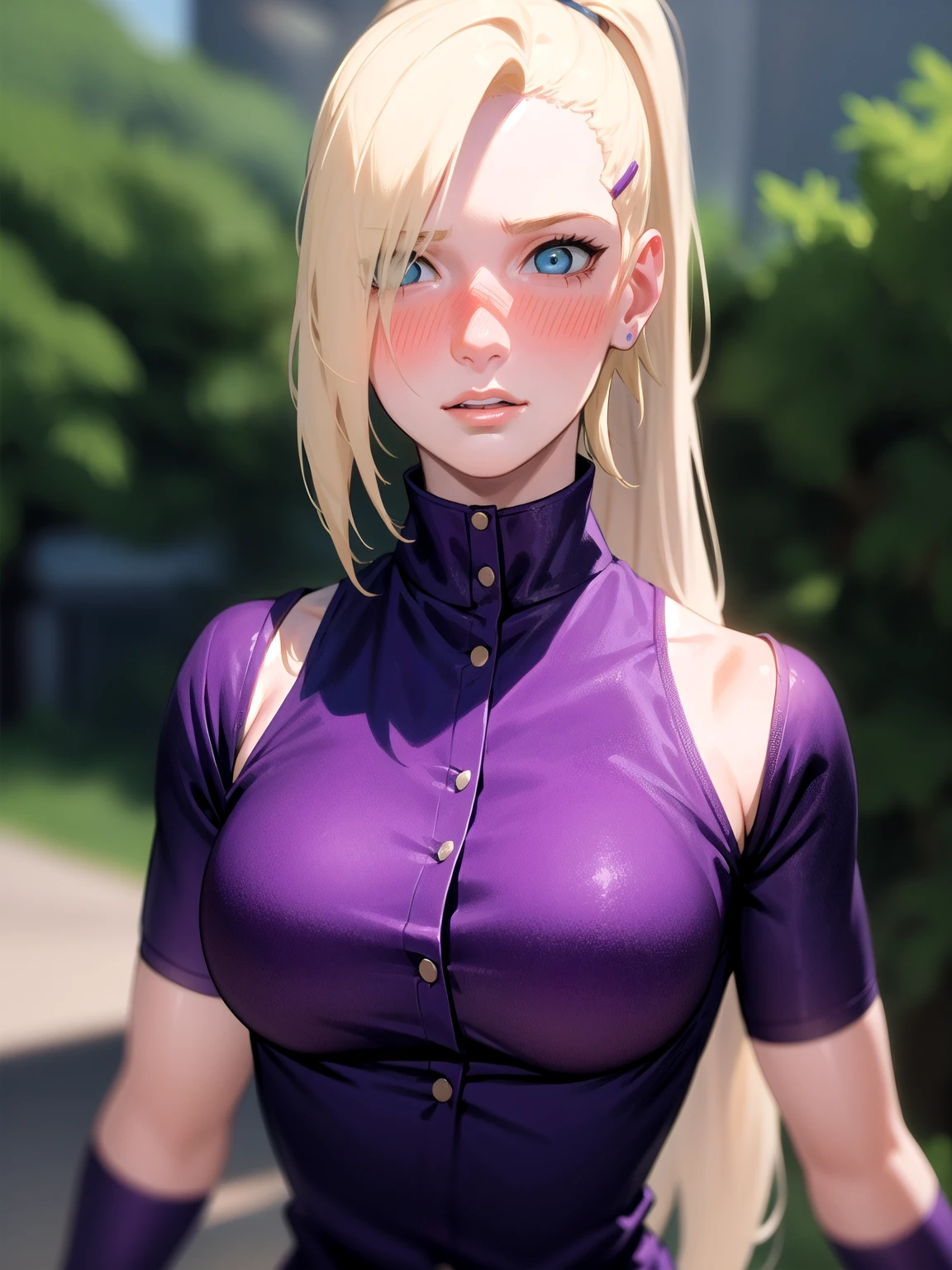 {-erro_de_anatomia:1.0} estilo anime, Masterpiece, absurdities, Yamanaka Ino\(Naruto\), 1girl Solo, woman, Perfect composition, Detailed lips, Beautiful face, body proportion, Blush, Long blonde hair, blue eyes, purple blouse, purple pant, Soft gauze, Super realistic, Detailed, photo shoot, Realistic faces and bodies, masterpiece, best quality, best illustration, hyper detailed, 1 woman, solo, glamorous, blushing, upper body, fighting, on nature, look at the view, dimanic poses