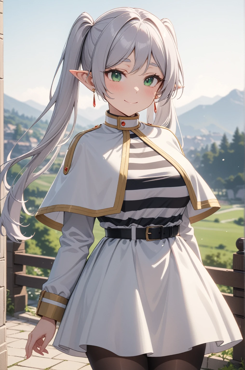 One girl, Freezing, Beautiful smile, Green Eyes, Gray Hair, Long Hair, Twin tails, Earrings, White capelet, Striped shirt, Long sleeve, belt, White Skirt, Black Pantyhose, Big Breasts, landscape, Looking at the audience, Squint your eyes,masterpiece, Highest quality, so beautiful, Absurd, up to date, Complex details, Complex, AI-generated,  