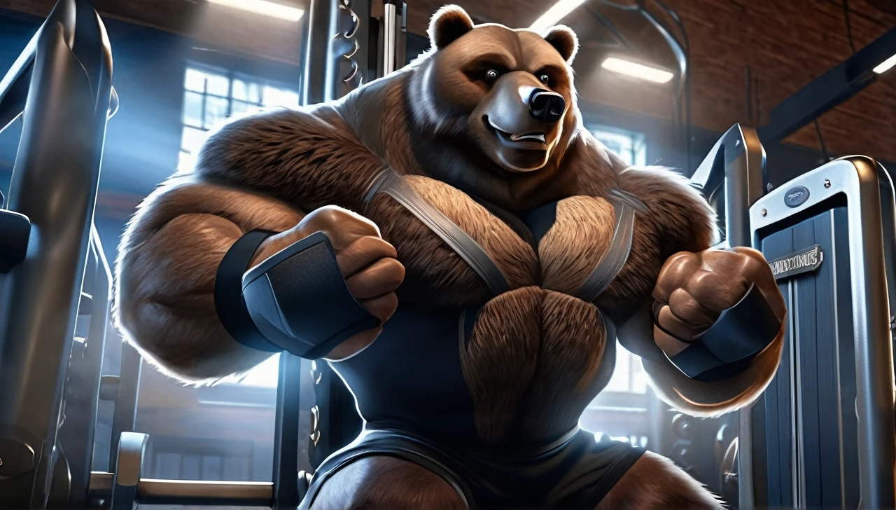 Big brown furry kodiak muscle bear with huge muscles with black gym shorts, black gym shoes and black wristbands at the gym doing incline bench presses sweating off with veins