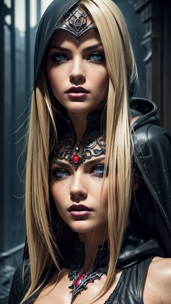 a dark hooded female spider woman, extremely detailed eyes, blonde hair, beautiful detailed lips, cinematic composition, dramatic lighting, dark moody atmosphere, hyper realistic, dark sci-fi, intricate details, realistic textures, vibrant colors, chiaroscuro lighting, moody colors, dramatic shadows, dynamic pose, powerful presence, ominous atmosphere, digital art, concept art style