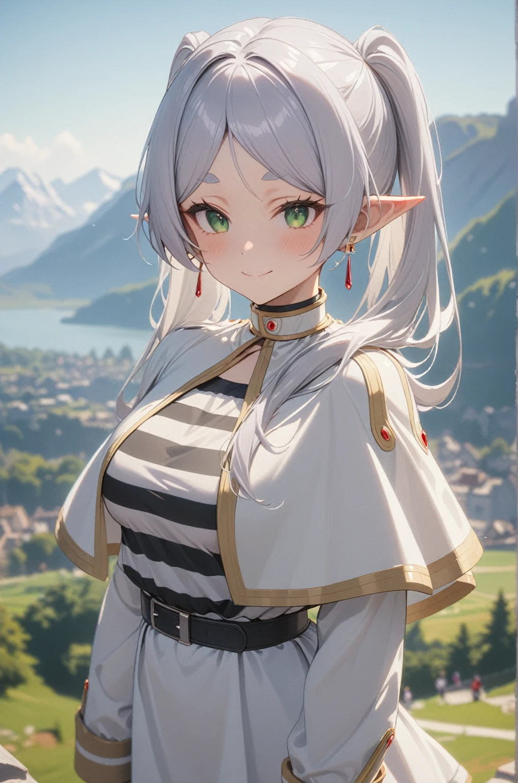 One girl, Freezing, Beautiful smile, Green Eyes, Gray Hair, Long Hair, Twin tails, Earrings, White capelet, Striped shirt, Long sleeve, belt, White Skirt, Black Pantyhose, Big Breasts, landscape, Looking at the audience, masterpiece, Highest quality, so beautiful, Absurd, up to date, Complex details, Complex, AI-generated,  