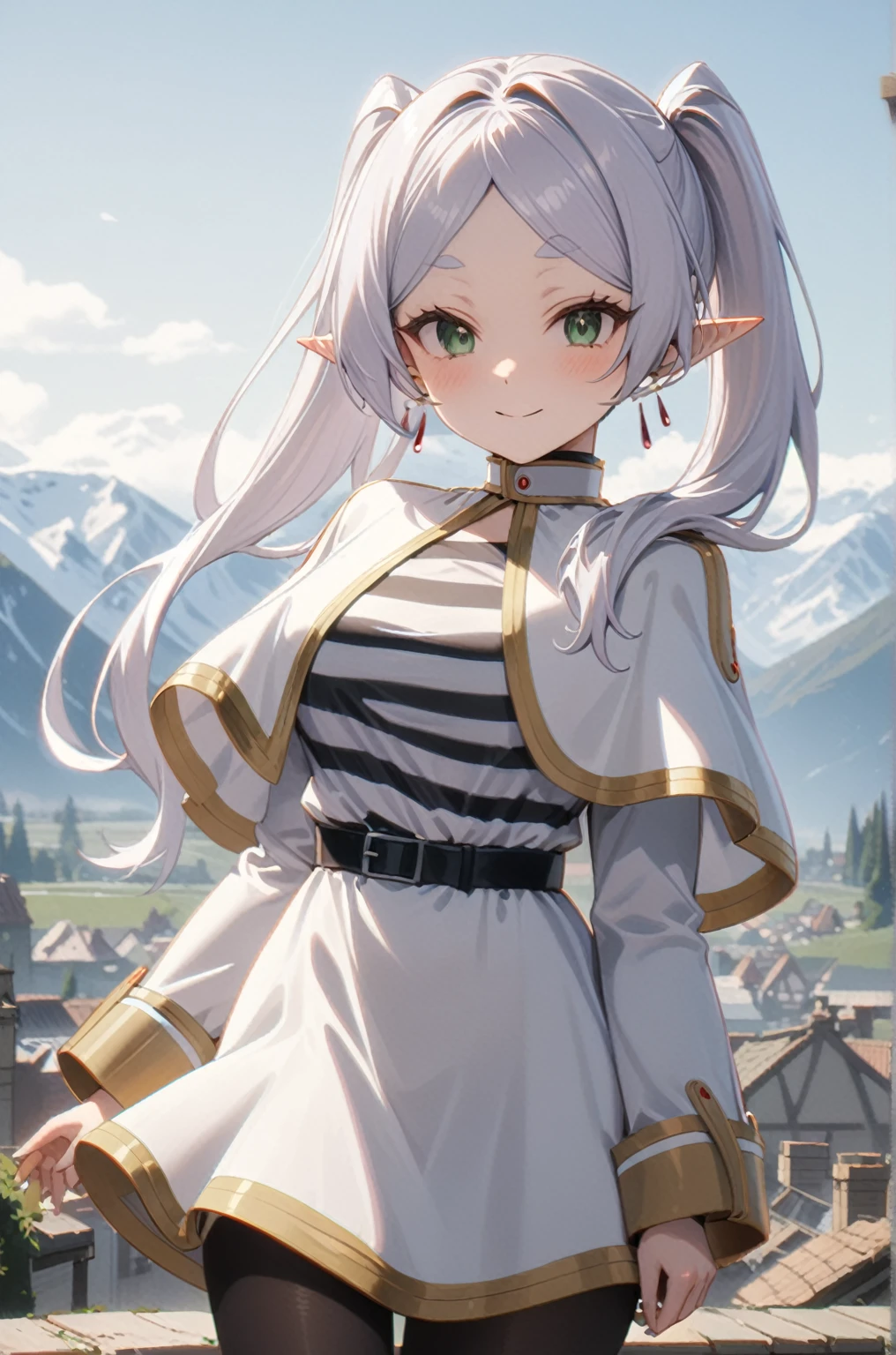 One girl, Freezing, Beautiful smile, Green Eyes, Gray Hair, Long Hair, Twin tails, Earrings, White capelet, Striped shirt, Long sleeve, belt, White Skirt, Black Pantyhose, Big Breasts, landscape, Looking at the audience, masterpiece, Highest quality, so beautiful, Absurd, up to date, Complex details, Complex, AI-generated,  