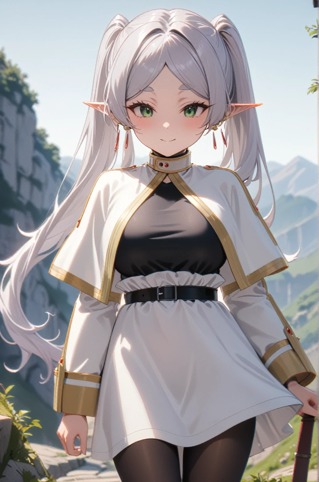 One girl, Freezing, Beautiful smile, Green Eyes, Gray Hair, Long Hair, Twin tails, Earrings, White capelet, Striped shirt, Long sleeve, belt, White Skirt, Black Pantyhose, Big Breasts, landscape, Looking at the audience, masterpiece, Highest quality, so beautiful, Absurd, up to date, Complex details, Complex, AI-generated,  