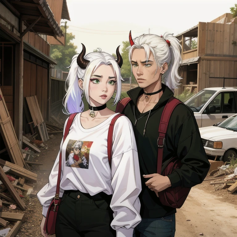 work of art , best qualityer,nahida(genshino impact), 1 demon girl , white  shirt:1.5 ,side ponytail ,protruding horns on the forehead,White hair ,multicolored hair, greeneyes,casual outfit , ha , black choker, duffel bag , hair green,dirt road in the middle of ruins , hellish life