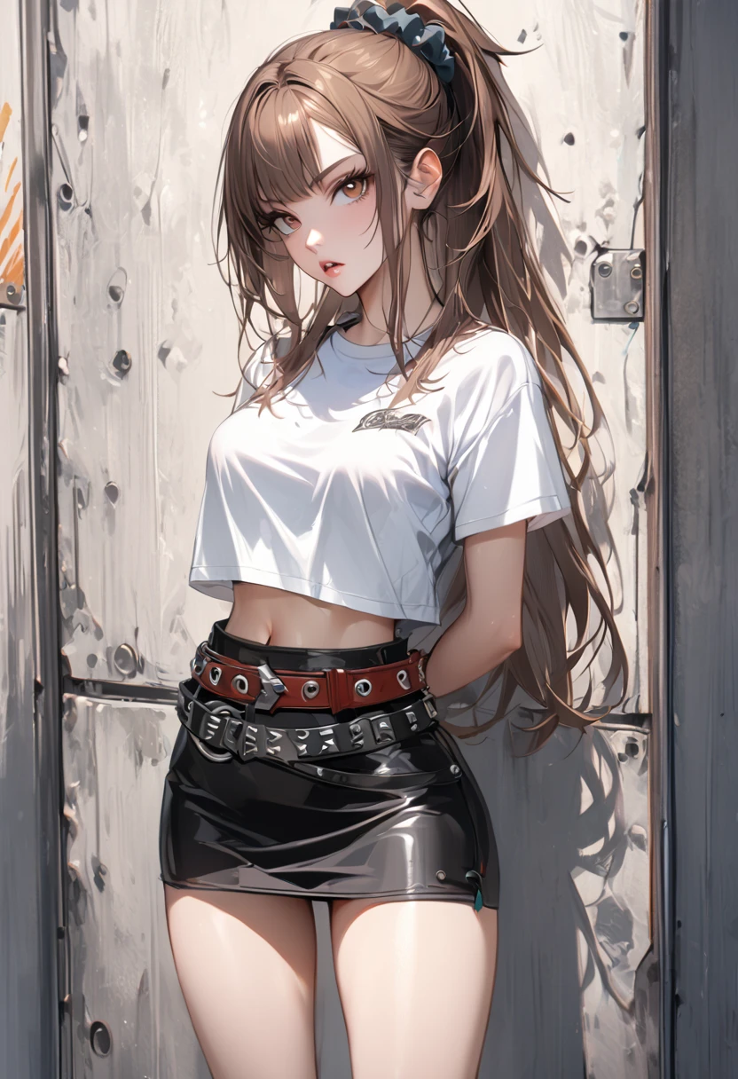 1girl, solo, long hair, breasts, full body, looking at viewer, bangs, skirt, brown hair, shirt, hair ornament, navel, brown eyes, medium breasts, standing, white shirt, ponytail, short sleeves, thighs, cowboy shot, parted lips, midriff, punk belt, miniskirt, black skirt, stomach, lips, crop top, arms behind back, scrunchie, hair scrunchie, pencil skirt, against wall, cropped shirt, bare legs, sneakers 