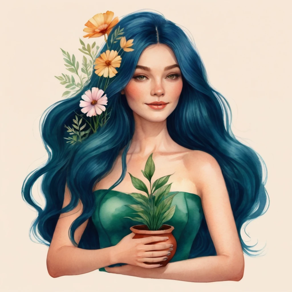 Eine Aquarell-Illustration einer schönen Frau, die eine Vase mit einer Pflanze hält, jen bartel, eine wunderschöne Kunstillustration, schöne digitale Illustration, Blumen wachsen aus dem Körper, in digital Illustrationsstil, Illustrationsstil, inspiriert von Amy Sol, Göttin der Blumen , 2D-Abbildung, 2D-Abbildung, Digitale Kunstillustration, 2D digitale Illustration, heitere Abbildung, verträumte Abbildung, bunte Abbildung