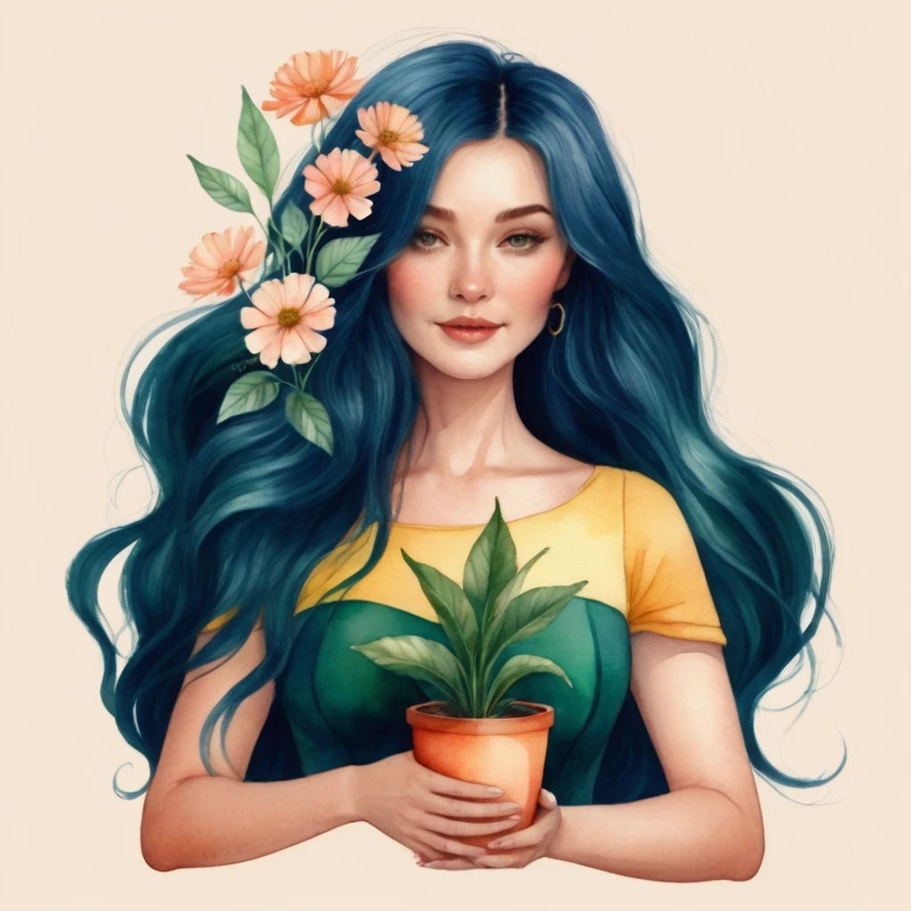 Eine Aquarell-Illustration einer schönen Frau, die eine Vase mit einer Pflanze hält, jen bartel, eine wunderschöne Kunstillustration, schöne digitale Illustration, Blumen wachsen aus dem Körper, in digital Illustrationsstil, Illustrationsstil, inspiriert von Amy Sol, Göttin der Blumen , 2D-Abbildung, 2D-Abbildung, Digitale Kunstillustration, 2D digitale Illustration, heitere Abbildung, verträumte Abbildung, bunte Abbildung