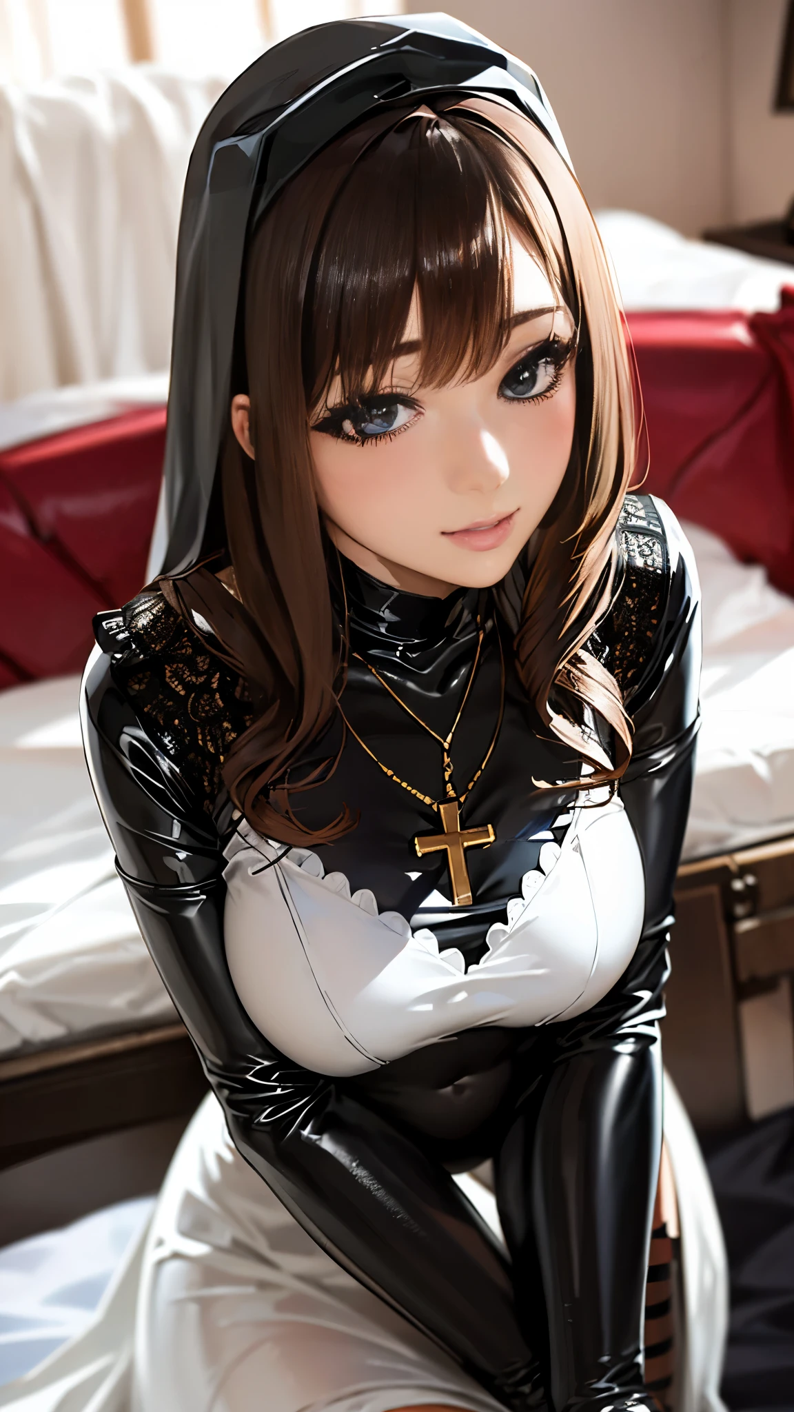 A beautiful woman dressed as a church sister, Strike a pose gracefully. She has a perfect face、, Expressive eyes, Narrow, narrow eyes、Detailed eyes、long flowing hair, And a kind smile. Her body is perfectly balanced, With a slim waist and beautiful curves. 彼女の教会のNunsたちの衣装は伝統的な要素で飾られている., Veilと複雑な刺繍が施された控えめなドレスが含まれています. The embroidery is delicate, beautiful, Casually sexy, Enhance the elegance of your outfit. This dress has a high neck and long sleeves..., Decorated with lace and intricate patterns. Veil,is of high quality, The translucent material flows gracefully over the shoulders... The background is soft and blurry、Focus on her.. , Maintaining balance throughout the body. The character needs to appear graceful and confident.... , Embarrassing, (Nuns),(Cross Necklace), Latex bodysuit, Shiny clothes, Perfect fit for your skin, habit, Latex gloves,Black bodysuit,Thigh-high boots, No sleeve, 
(night:1.8, A room without lights:1.5, Dim lighting:1.5, Dark Room:1.5, Sexy pose:1.5, bedroom:1.5)