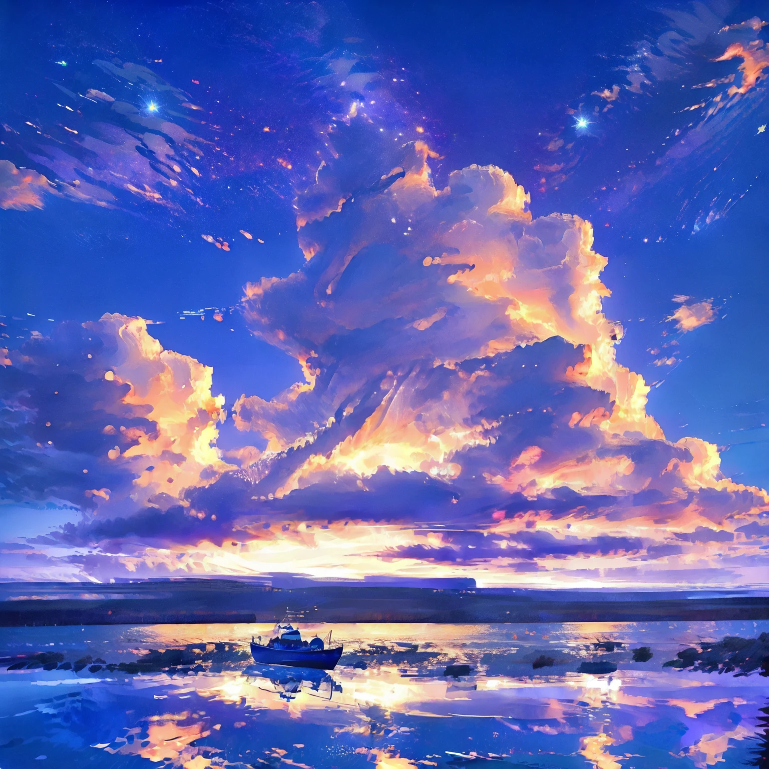 ((masterpiece, highest quality)), magic hour, twilight, lake, water reflection, navy, blue, purple, vermilion, stars, calm, quiet, boat