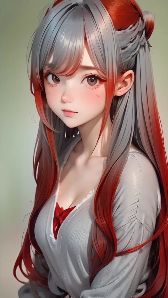 (((Gray Hair)))、(((Turning into a redhead:1.2)))、(((Beautiful gradient hair:1.2)))、One Girl、、big red ribbon hair ornament、Cute face、Baby Face、Natural look、Casual costume、Simple Background、Blurred Background、masterpiece:1.5、Highest quality、Ultra-high resolution、Very detailed、８ｋ、