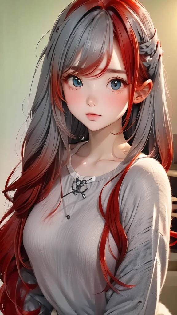 (((Gray Hair)))、(((Turning into a redhead:1.2)))、(((Beautiful gradient hair:1.2)))、One Girl、、big red ribbon hair ornament、Cute face、Baby Face、Natural look、Casual costume、Simple Background、Blurred Background、masterpiece:1.5、Highest quality、Ultra-high resolution、Very detailed、８ｋ、