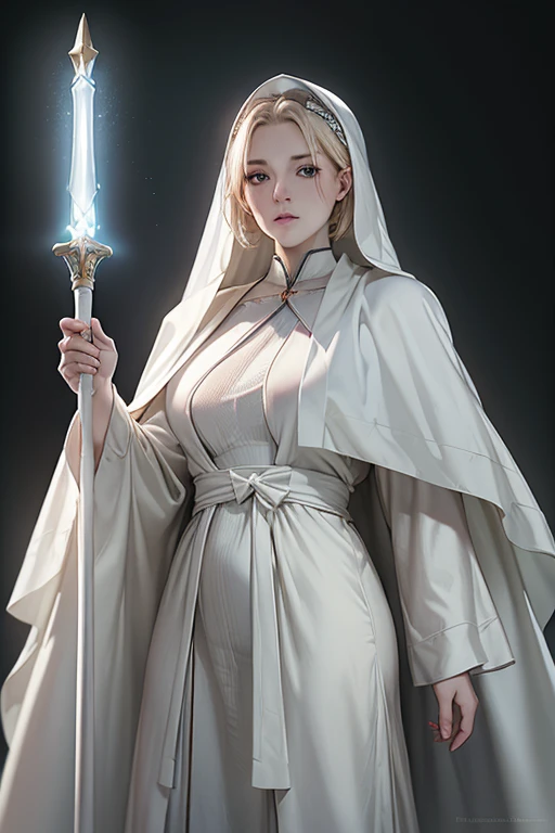 ((masterpiece, Highest quality, Best image quality, High resolution, Realistic, RAW Photos, 8K)), 1 albino priestess with very short hair, Wearing a white veil, Wearing a milky white robe, He wears thin, light armor、He has a long sacred staff.、Against the backdrop of an old castle