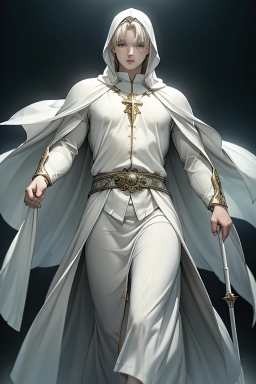 ((masterpiece, Highest quality, Best image quality, High resolution, Realistic, RAW Photos, 8K)), 1 albino priestess with very short hair, Wearing a white veil, Wearing a milky white robe, He wears thin, light armor、He has a long sacred staff.、Against the backdrop of an old castle